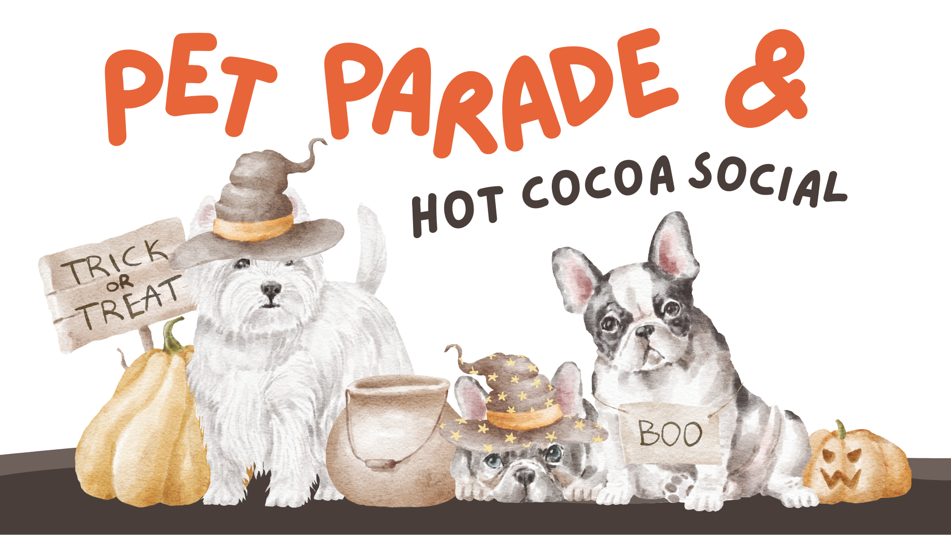 Cute muted brown, gray and tan graphic of dogs dressed for Halloween with "Pet Parade & Hot Cocoa Social" across the top